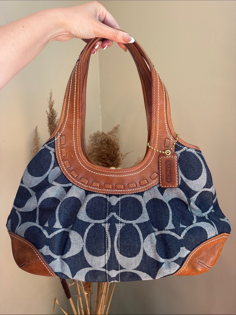 Coach Blue Denim Signature Shoulder Bag with Brown Leather Trim